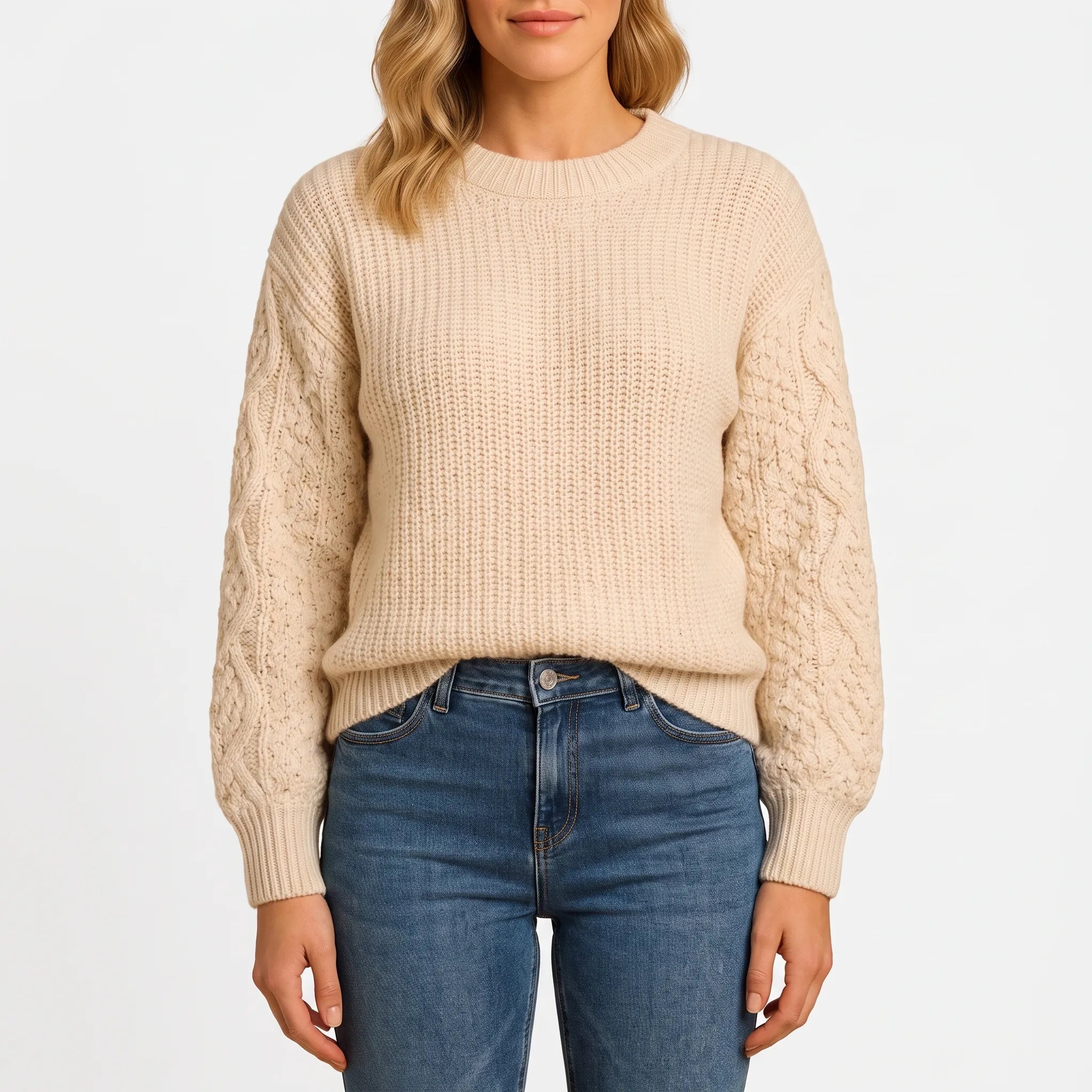 Knytte - Relaxed Fit Textured Sleeve Crew Neck Jumper